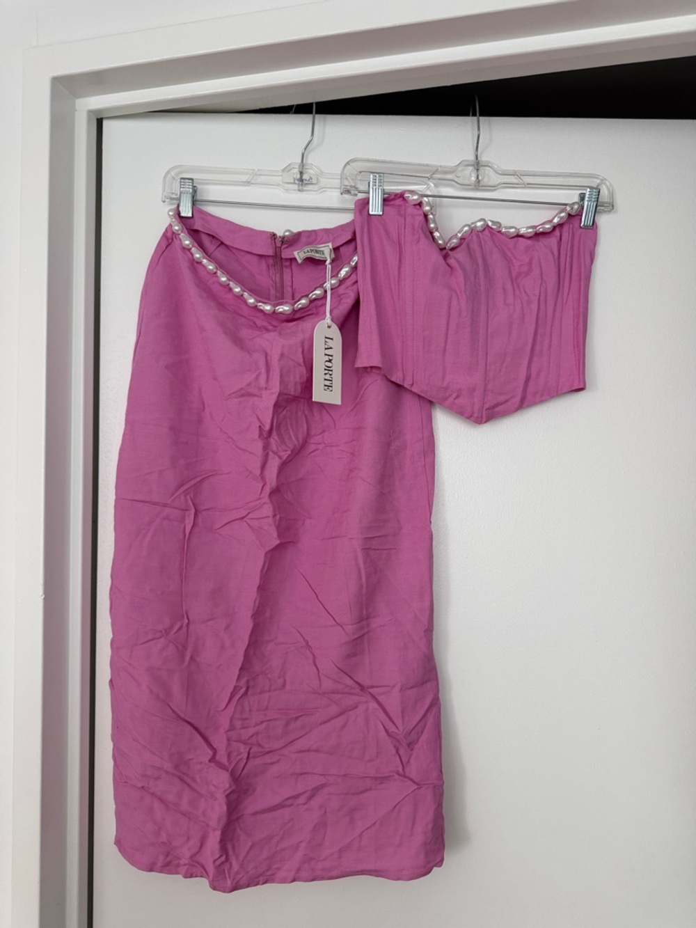 Lanette Pink Pearl-Trim Skirt Set
